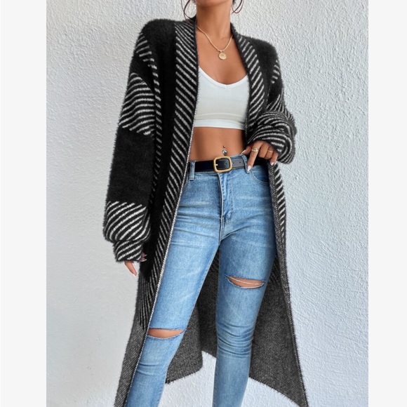 Oversized Color Block Stripes Fuzzy Open Front Duster Sweater Cardigan - Picture 5 of 15